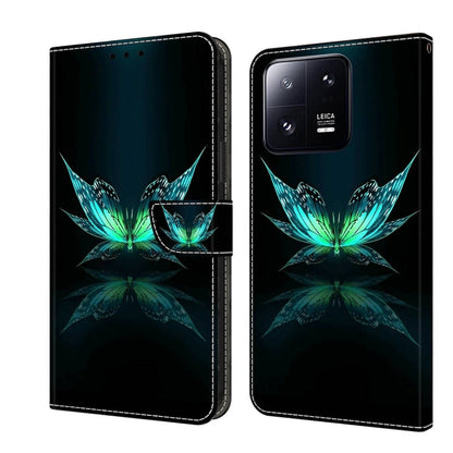Leather phone case with teal botanical crystal design and fold-over wallet flap