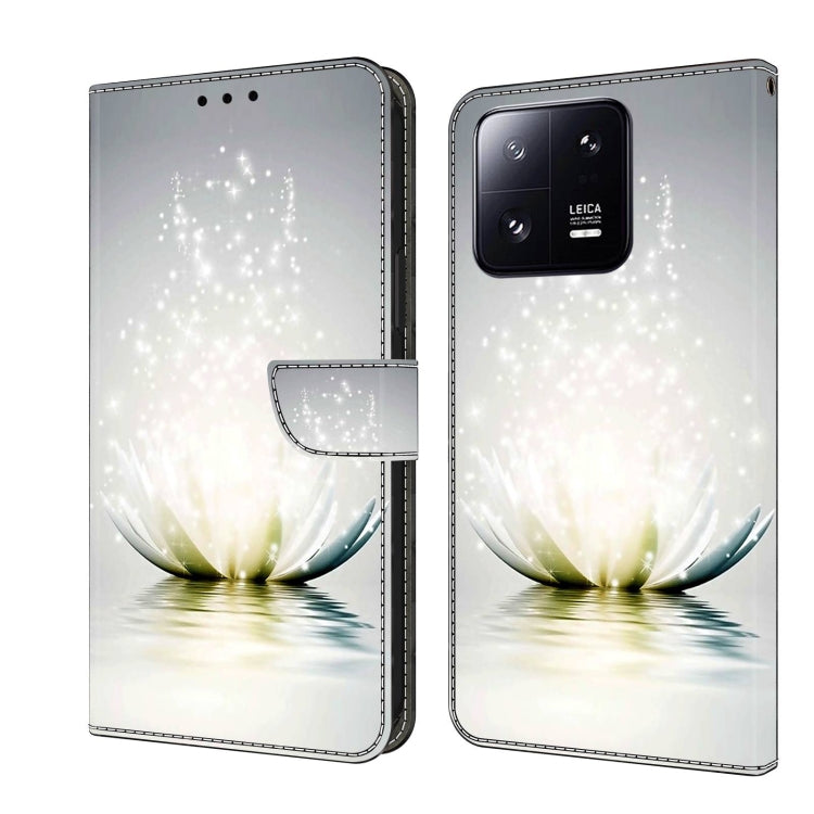 Leather phone case with white glitter lotus design and fold-over wallet flap