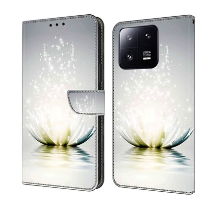 Leather phone case with white glitter lotus design and fold-over wallet flap