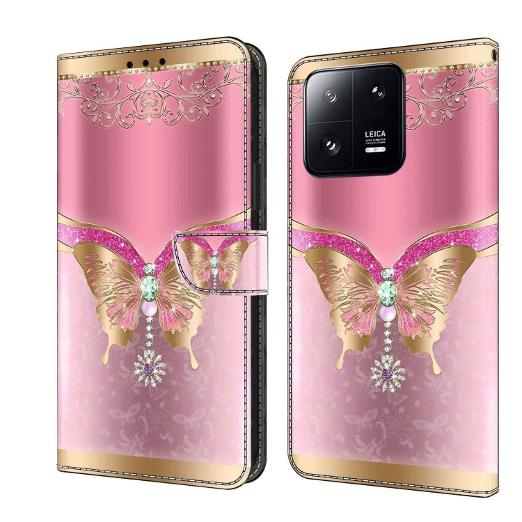 Leather phone case with pink butterfly motif and gold crystal lace, wallet flap
