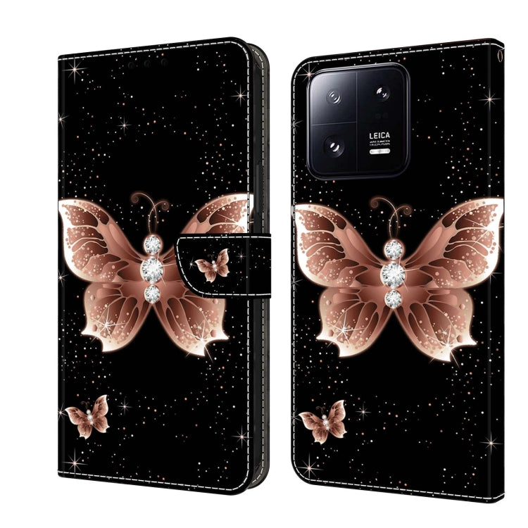 Leather phone case with rose-gold butterfly crystal design and fold-over wallet flap
