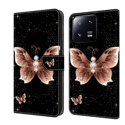 Leather phone case with rose-gold butterfly crystal design and fold-over wallet flap