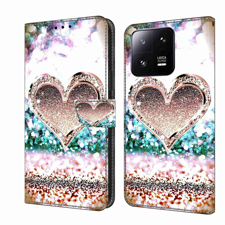 Leather phone case with glitter heart design and colorful sparkles, wallet flap