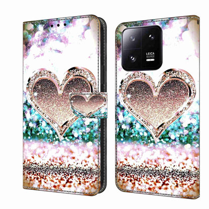 Leather phone case with glitter heart design and colorful sparkles, wallet flap