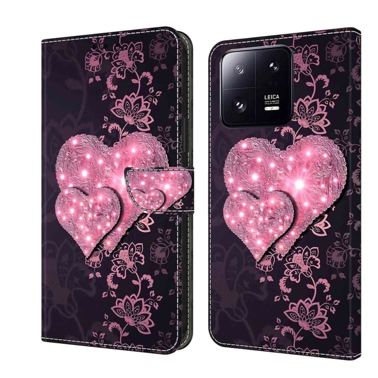 Crystal-style shockproof phone case with dark purple floral pattern and glowing pink heart
