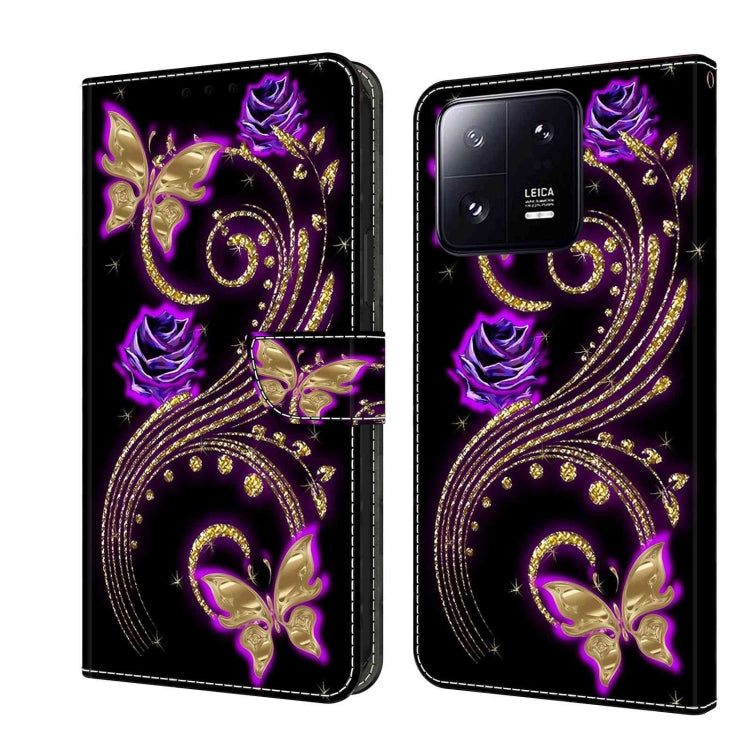 Black leather wallet phone case with purple gold butterfly crystal design
