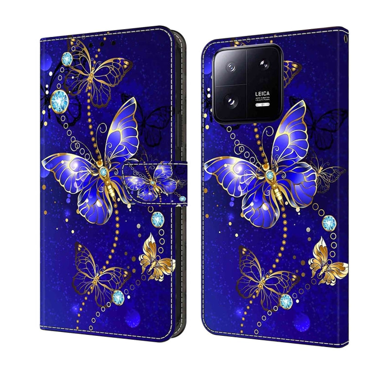 Blue leather wallet phone case with butterfly and gem crystal floral pattern