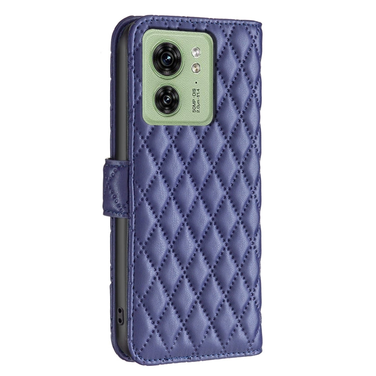 Blue diamond-lattice flip phone case with cutout for dual camera and speaker