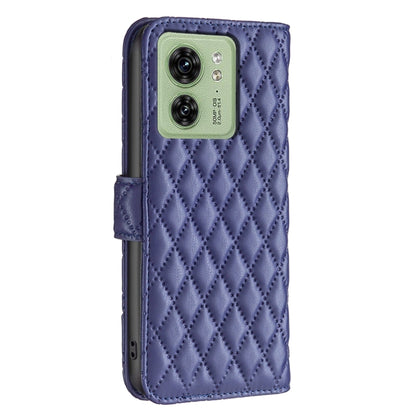 Blue diamond-lattice flip phone case with cutout for dual camera and speaker