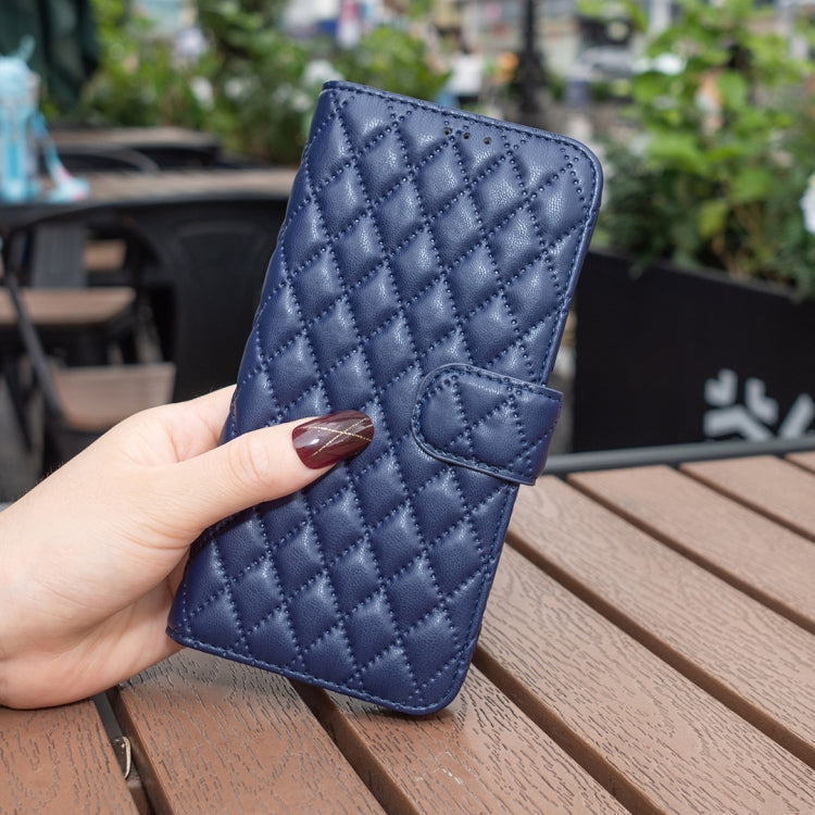 Blue diamond-lattice leather phone case with magnetic wallet flap