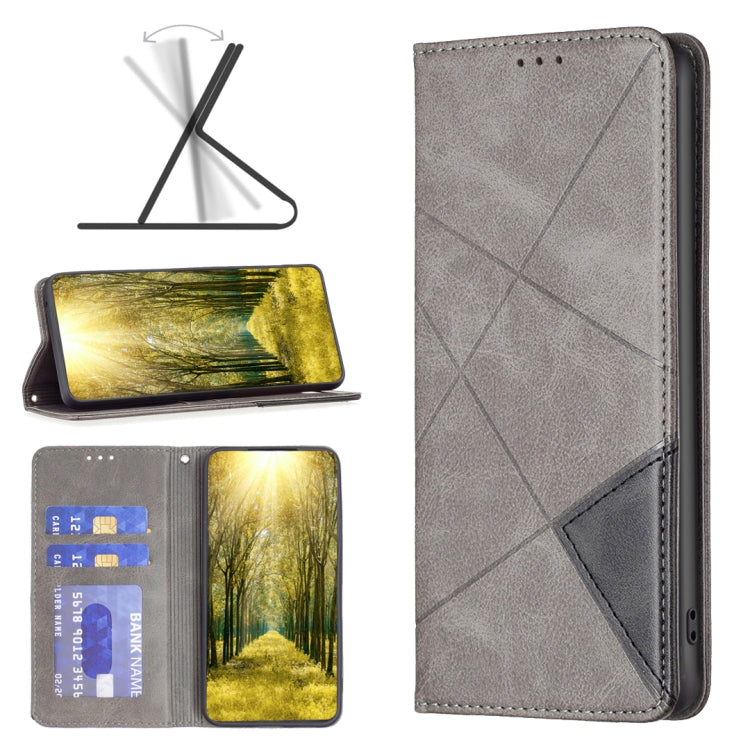 Gray leather folio phone case with rhombus pattern and card holder