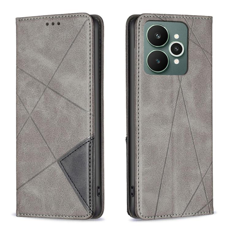 Grey leather phone case with rhombus texture, flip cover and card pocket