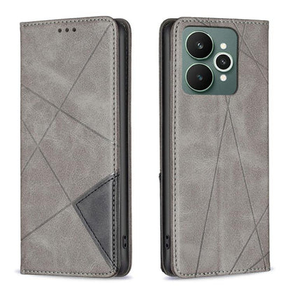 Grey leather phone case with rhombus texture, flip cover and card pocket