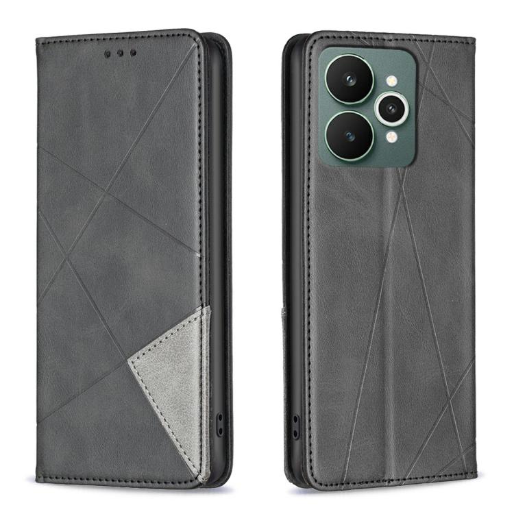 Black leather folio phone case with rhombus pattern and card holder