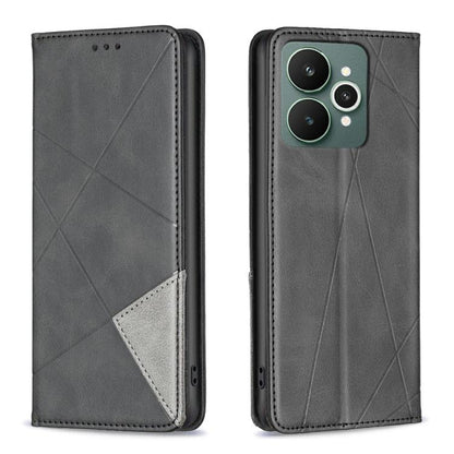 Black leather folio phone case with rhombus pattern and card holder