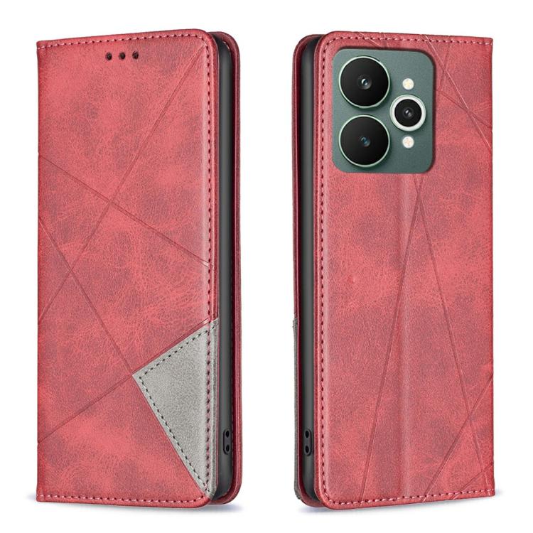 Red leather phone case with rhombus texture, flip cover and card pocket