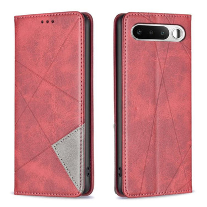 Red leather phone case with rhombus texture, side cutouts, dual-view design.