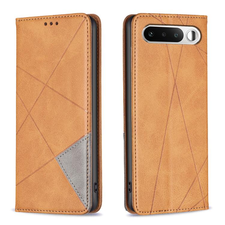 Tan leather phone case with rhombus texture, side cutouts, dual-view design.