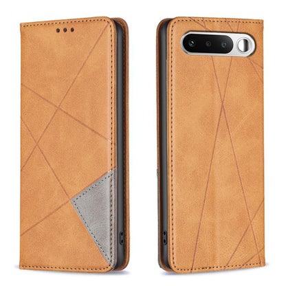 Tan leather phone case with rhombus texture, side cutouts, dual-view design.