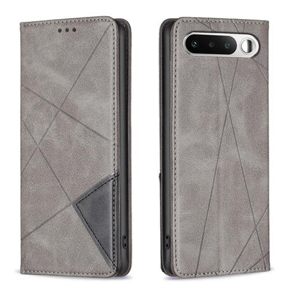 Grey leather phone case with rhombus texture, side cutouts, dual-view design.