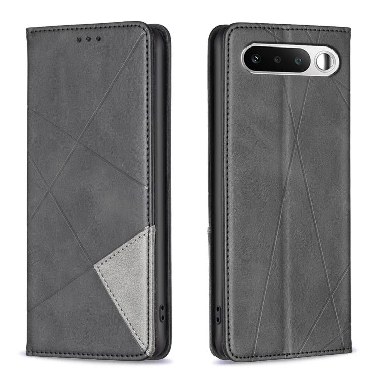 Dark grey leather phone case with rhombus texture, side cutouts, dual-view design.