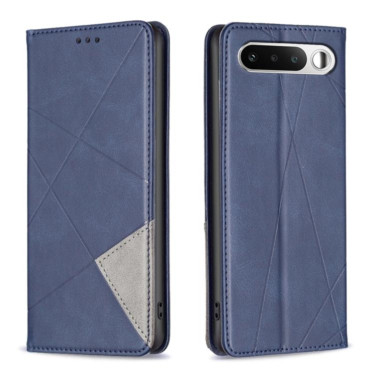 Navy blue leather phone case with rhombus texture, side cutouts, dual-view design.