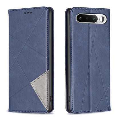 Navy blue leather phone case with rhombus texture, side cutouts, dual-view design.