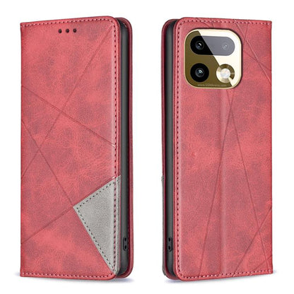 Pink-red leather phone case with rhombus texture, side cutouts, dual-view design.