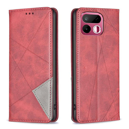 Red leather phone wallet case with rhombus texture and gray card slot panel