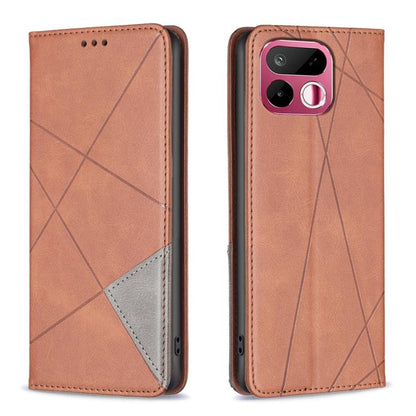 Brown leather phone case with rhombus texture, side cutouts, dual-view design.