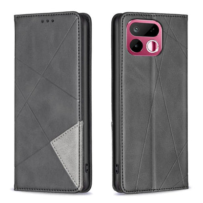 Black leather phone case with rhombus texture, side cutouts, dual-view design.