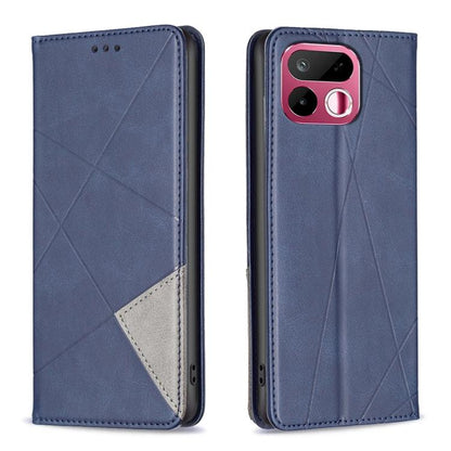 Blue leather phone case with rhombus texture, side cutouts, dual-view design.