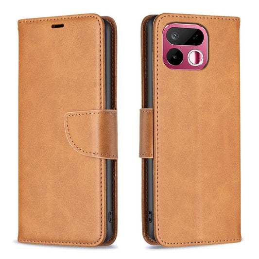 Tan leather flip phone wallet case with stitched front flap and side button cutouts