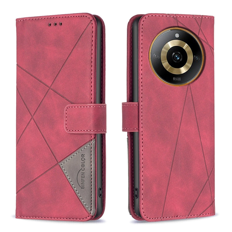 Red magnetic-buckle leather phone case with rhombus texture and folio stand
