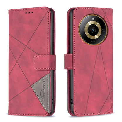 Red magnetic-buckle leather phone case with rhombus texture and folio stand
