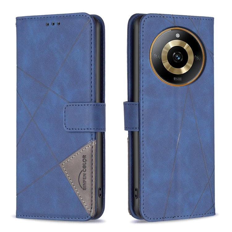 Blue magnetic-buckle leather phone case with rhombus texture and folio stand