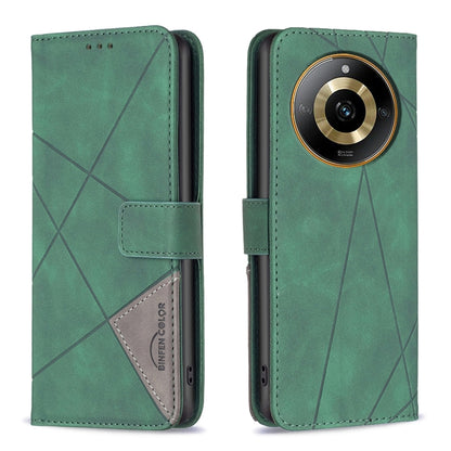 Green magnetic-buckle leather phone case with rhombus texture and folio stand