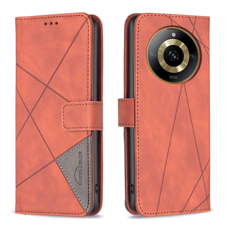 Orange magnetic-buckle leather phone case with rhombus texture and folio stand