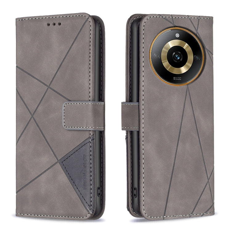 Dark gray magnetic-buckle leather phone case with rhombus texture and folio stand