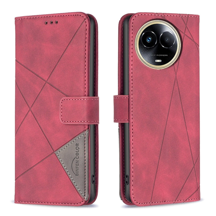 Red magnetic-buckle leather phone case with rhombus texture and camera cutout