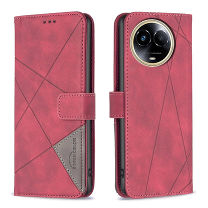 Red magnetic-buckle leather phone case with rhombus texture and camera cutout