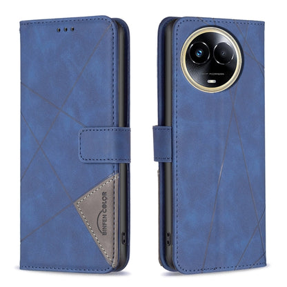 Blue magnetic-buckle leather phone case with rhombus texture and camera cutout