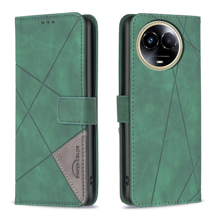 Green magnetic-buckle leather phone case with rhombus texture and camera cutout