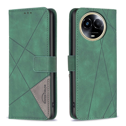 Green magnetic-buckle leather phone case with rhombus texture and camera cutout