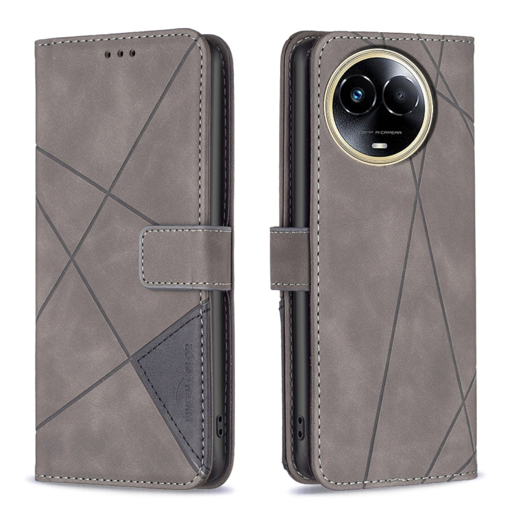 Gray leather phone case with rhombus pattern, magnetic buckle closure and card slot