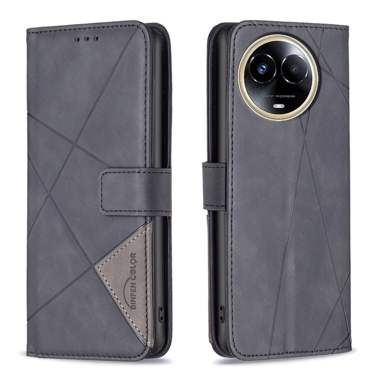 Dark gray leather phone case with rhombus texture, magnetic buckle closure and card slot