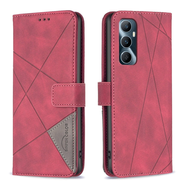 Red leather phone case with rhombus texture, magnetic buckle closure and card slot