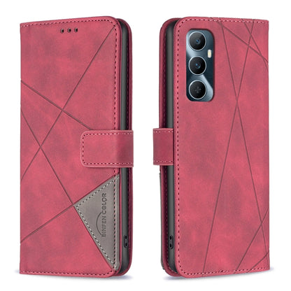Red leather phone case with rhombus texture, magnetic buckle closure and card slot