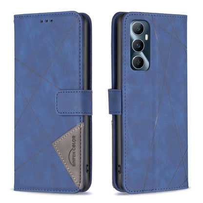 Blue leather phone case with magnetic buckle and geometric rhombus texture, folio-style