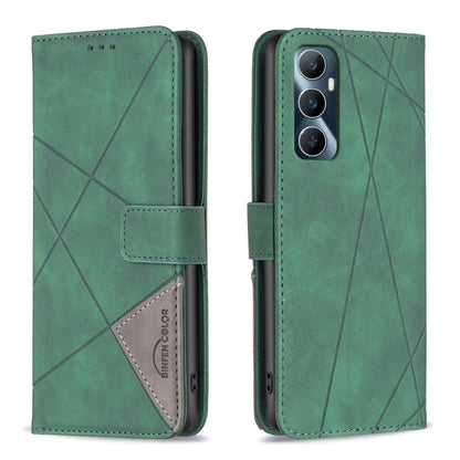 Green leather phone case with magnetic buckle and geometric rhombus texture, folio-style